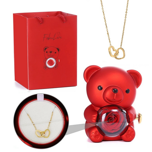 Preserved Rose Bear Gift Set with Necklace